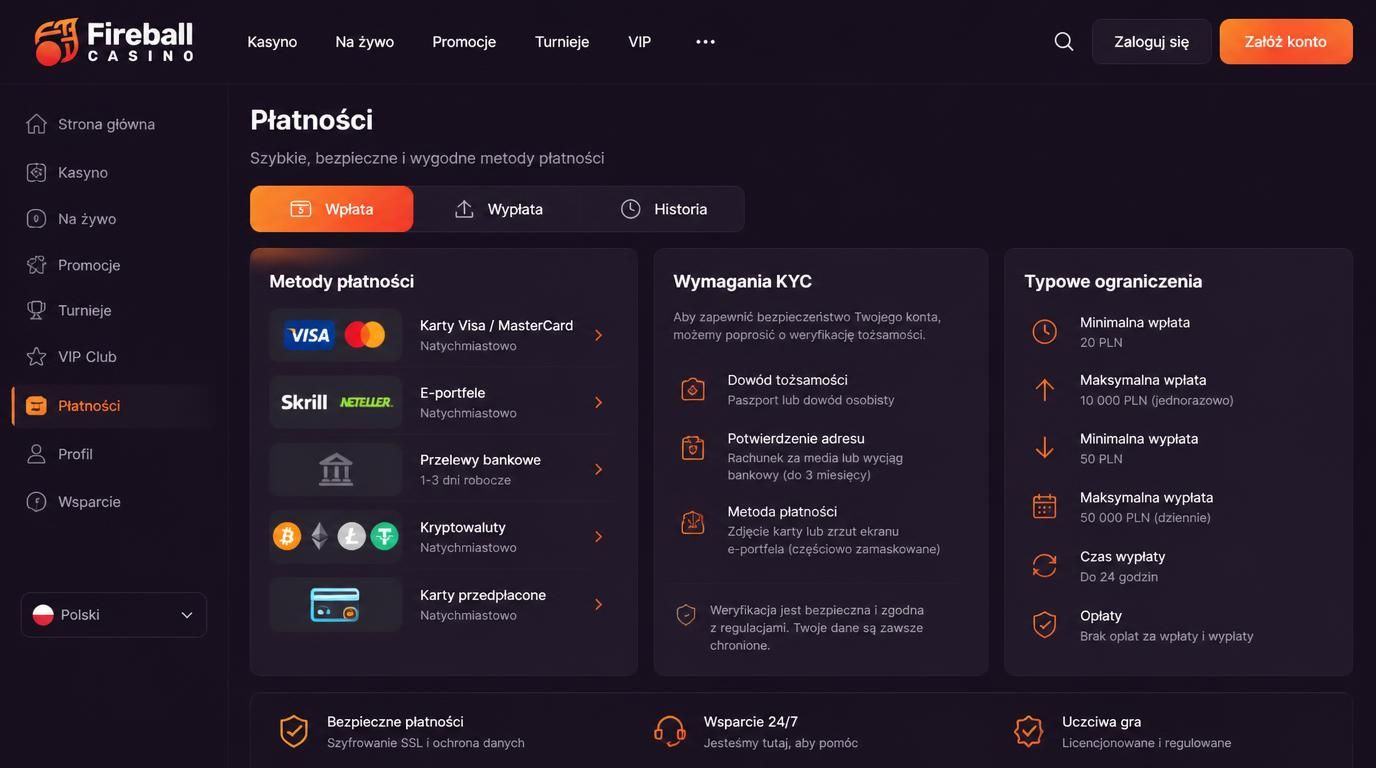 Ilustracja różnych metod wpłat z etykietami, wymogami zgodności i limitami dla każdej metody