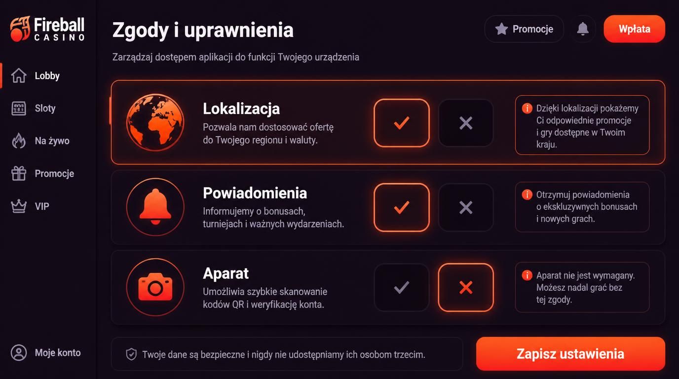 Lista zgód aplikacji Fireball: lokalizacja, powiadomienia, aparat – kontrola użytkownika