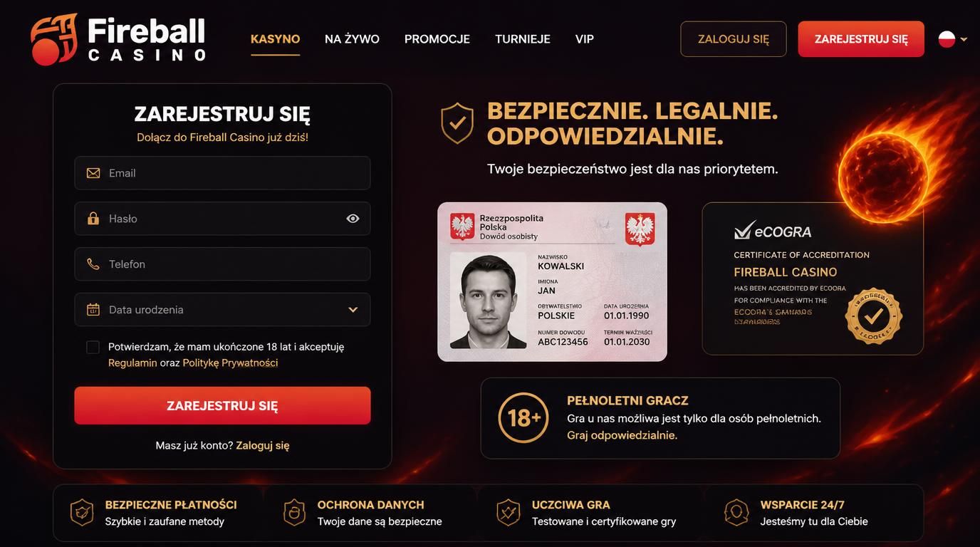 interfejs rejestracji w fireball casino pokazujący wymagane pola i certyfikaty