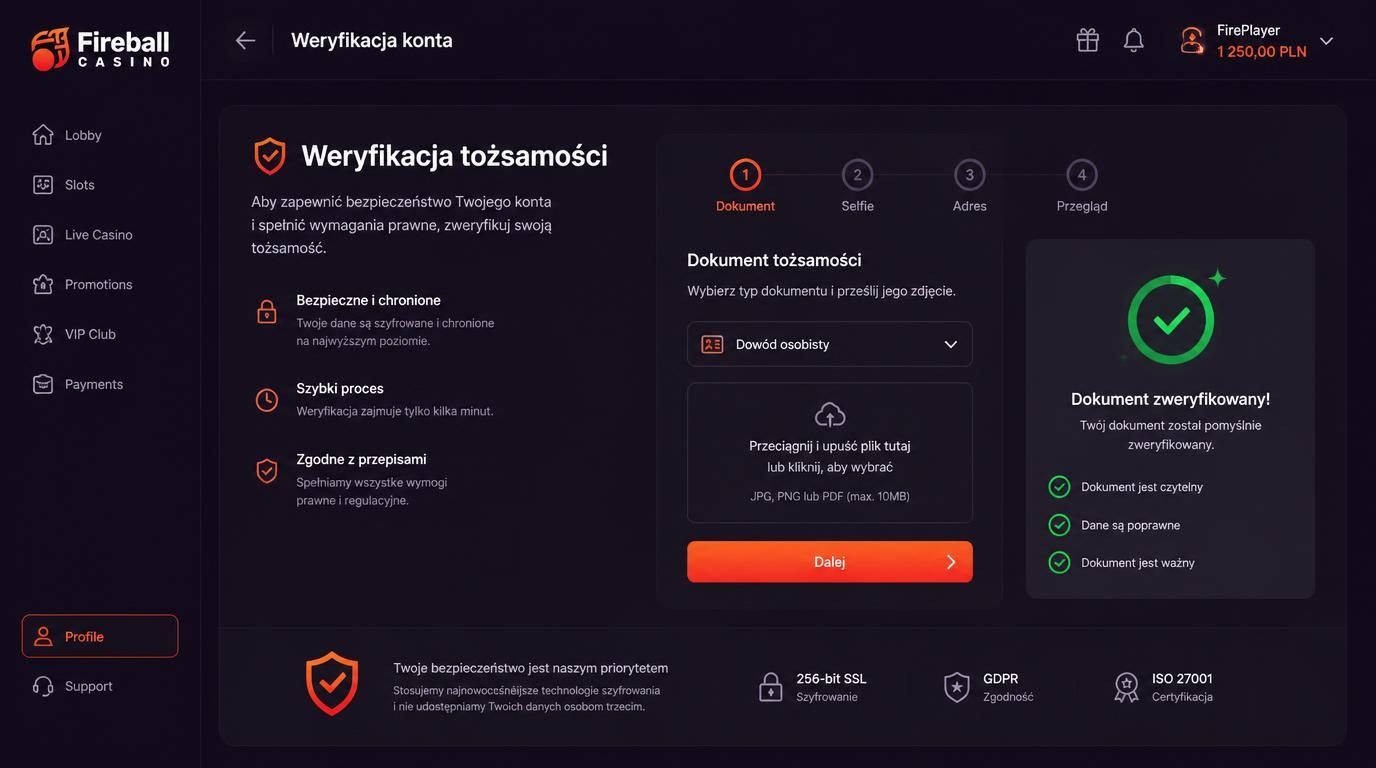 proces KYC w Fireball Casino zabezpieczający konto